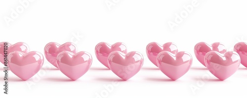 Glossy pink 3D heart shapes arranged in a pattern on a white background