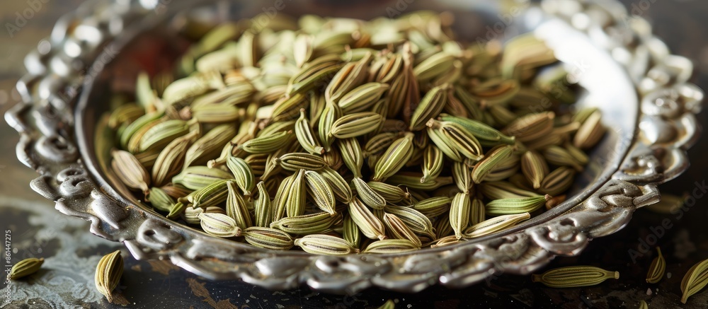 Obraz premium Close-up view of fennel seeds displayed on a shiny silver plate, with a clear background for a copy space image.