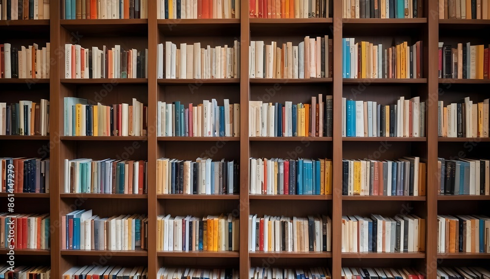 Wooden bookshelf filled with various books of different colors and sizes Wooden bookshelf filled with various books of different colors and sizes