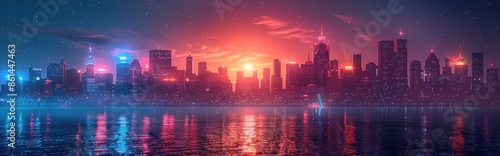 Cityscape at Twilight with a Red and Blue Glow