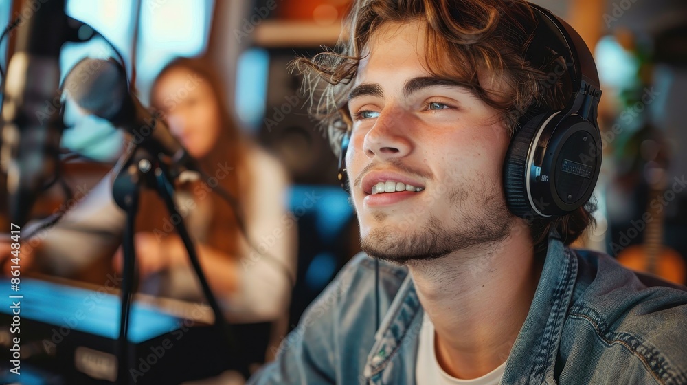A young man in a recording studio smiles as he wears headphones, with a microphone and various musical equipment in the background, ready to create music. A young man in a recording studio smiles as he wears headphones, with a microphone and various musical equipment in the background, ready to create music.