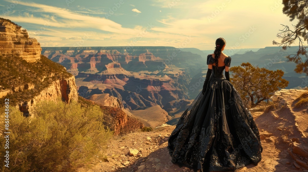 Elegant lady with long skirt standing in Grand Canyon with majestic view. Elegant lady with long skirt standing in Grand Canyon with majestic view.