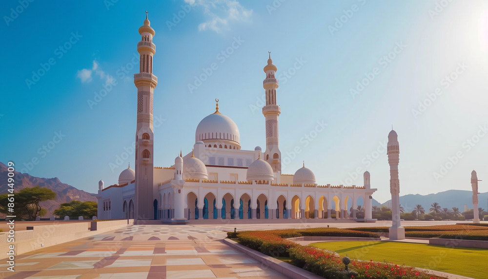 Naklejka premium A grand white mosque with multiple minarets stands majestically under a clear blue sky, blending architectural elegance with spiritual serenity in a scenic setting