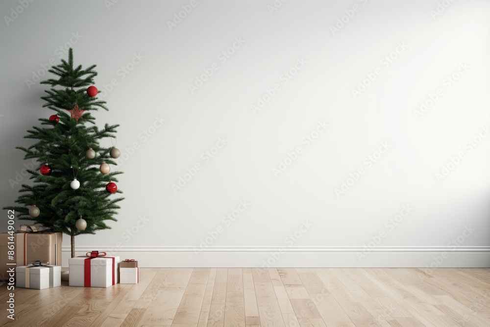 Minimalist Christmas tree with decorations and wrapped presents in a modern room with wooden floor and white wall. Minimalist Christmas tree with decorations and wrapped presents in a modern room with wooden floor and white wall.