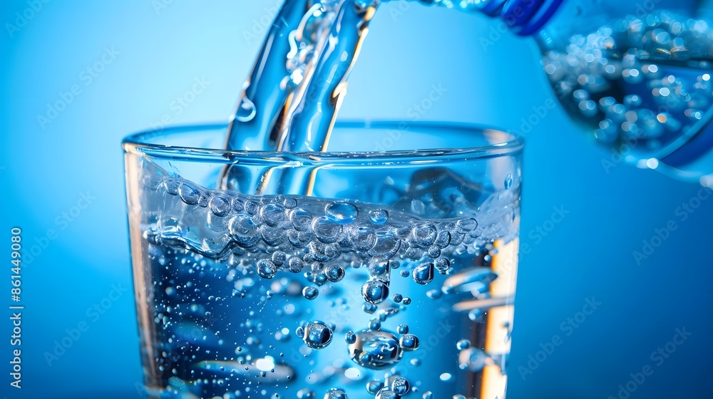 A clear glass filled with water, which is being poured from a blue plastic bottle. The background is a gradient of blue, creating a contrast that emphasizes the clarity and purity of the water. A clear glass filled with water, which is being poured from a blue plastic bottle. The background is a gradient of blue, creating a contrast that emphasizes the clarity and purity of the water.