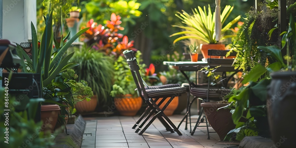 Fototapeta premium Beautiful home terrace with chairs tables and plants. Concept Elegant Terrace Decor, Cozy Outdoor Furniture, Stylish Plant Arrangements