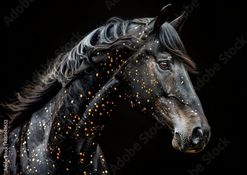 A thoroughbred horse of black color with spots. Riding a yellow mustang.