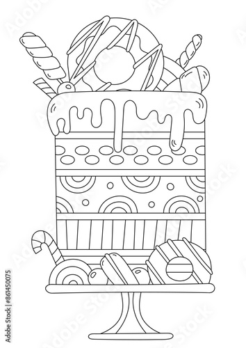 Coloring Page Featuring A Richly Decorated Cake Serves As A Stress Reliever For Both Adults And Children