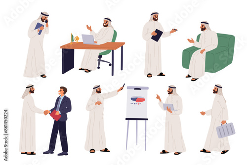 Arab man character. Businessman in different poses. Saudi guy in traditional Muslim robe. Partners meeting. Dubai office worker. Project presentation at whiteboard. Garish vector set