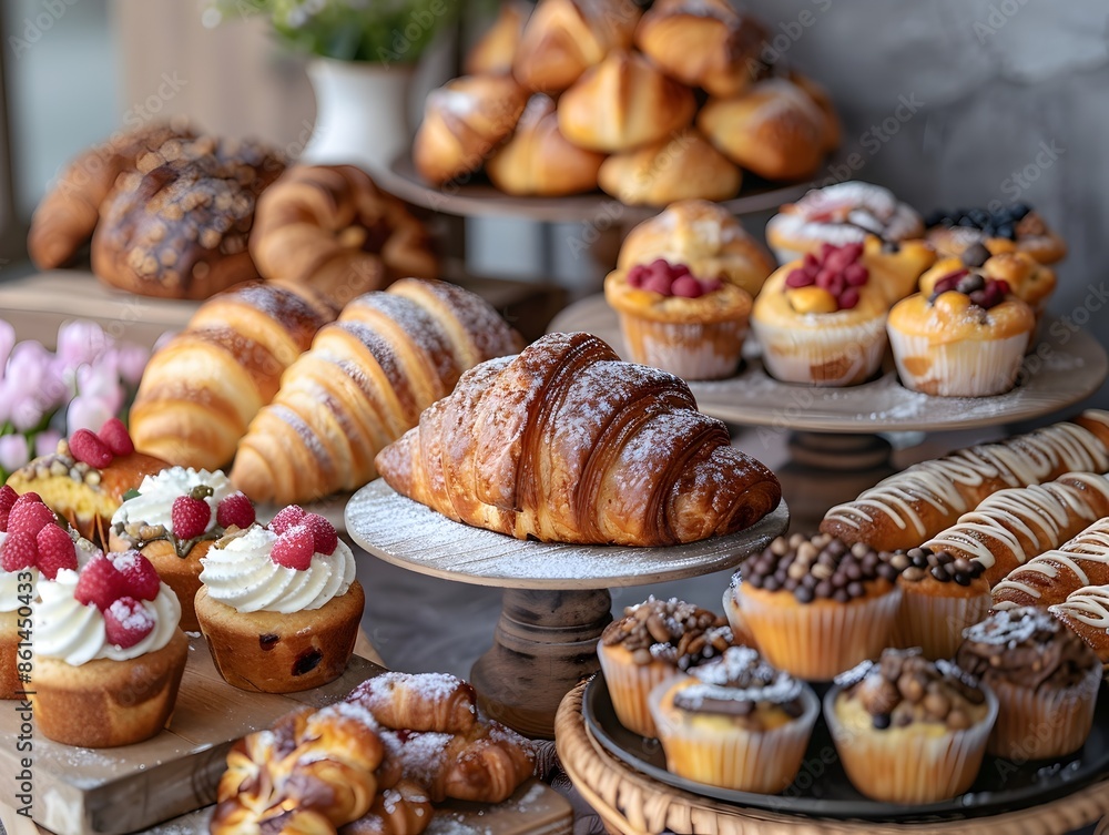 Assortment of Freshly Baked Pastries and Breads in a Charming Bakery Setting Assortment of Freshly Baked Pastries and Breads in a Charming Bakery Setting