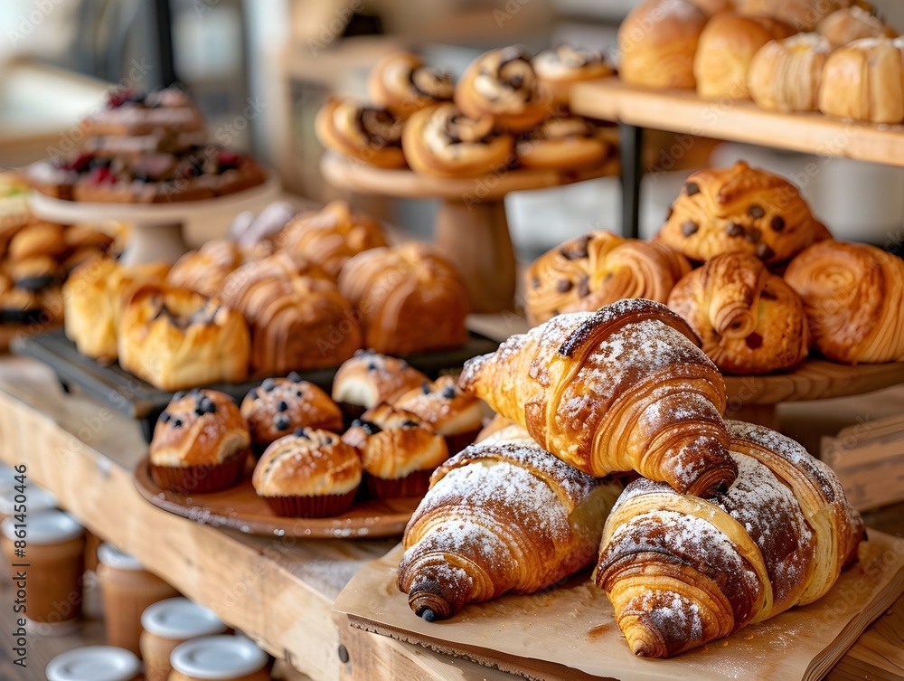 Assorted Bakery Pastries Displayed on Wooden Shelves in Charming Cafe Setting Baked Bread and Dessert Concept with Copy Space Assorted Bakery Pastries Displayed on Wooden Shelves in Charming Cafe Setting Baked Bread and Dessert Concept with Copy Space