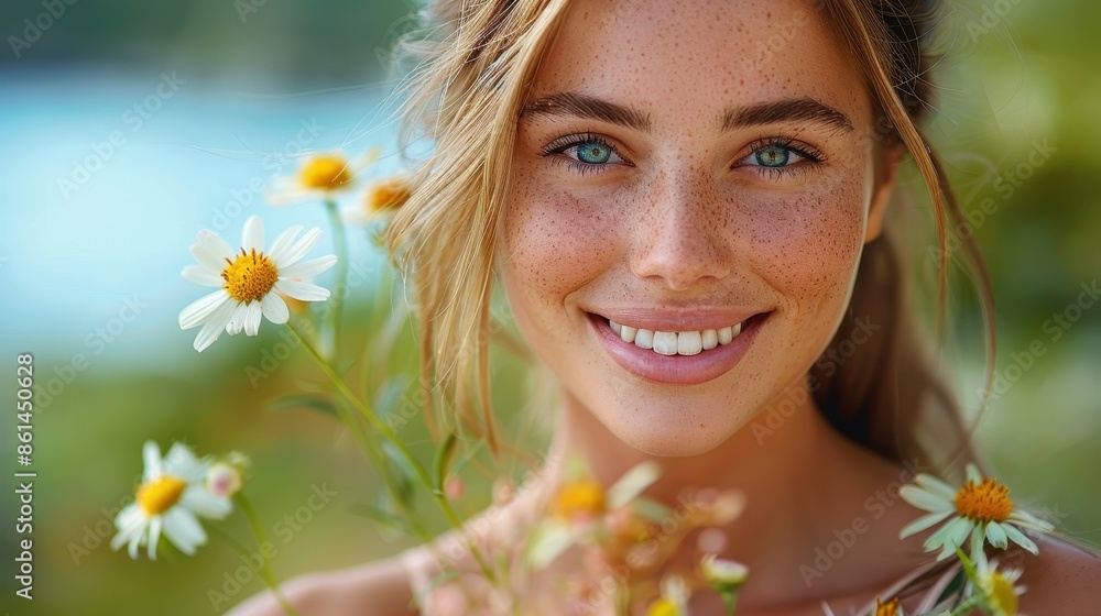 A woman surrounded by daisies smiles warmly in an outdoor setting, exuding positivity and natural beauty, with a background that highlights the serene and vibrant atmosphere. A woman surrounded by daisies smiles warmly in an outdoor setting, exuding positivity and natural beauty, with a background that highlights the serene and vibrant atmosphere.