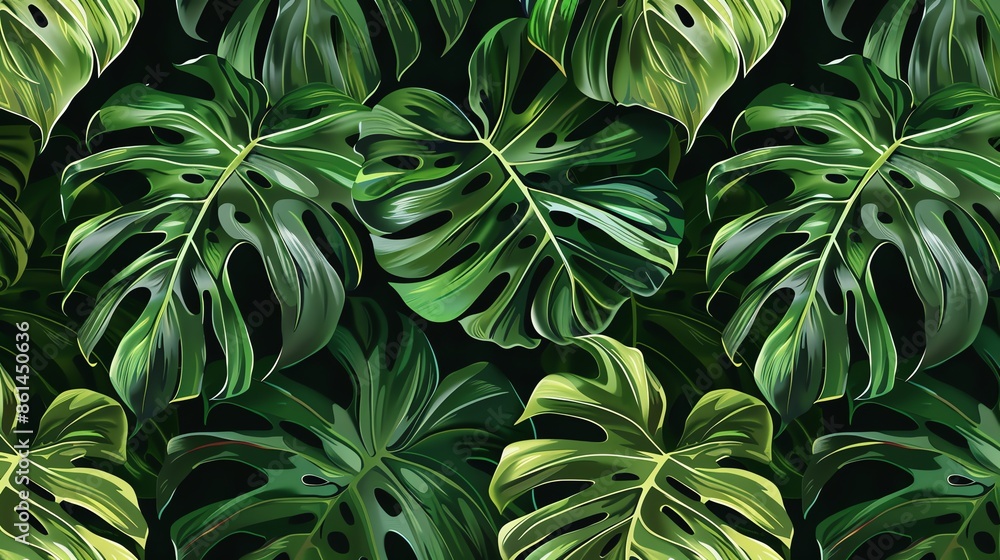 Seamless pattern of vibrant tropical leaves on a dark background. Seamless pattern of vibrant tropical leaves on a dark background.