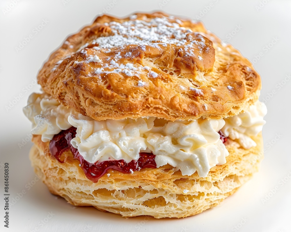 Buttery Scone with Clotted Cream and Jam on White Background Buttery Scone with Clotted Cream and Jam on White Background