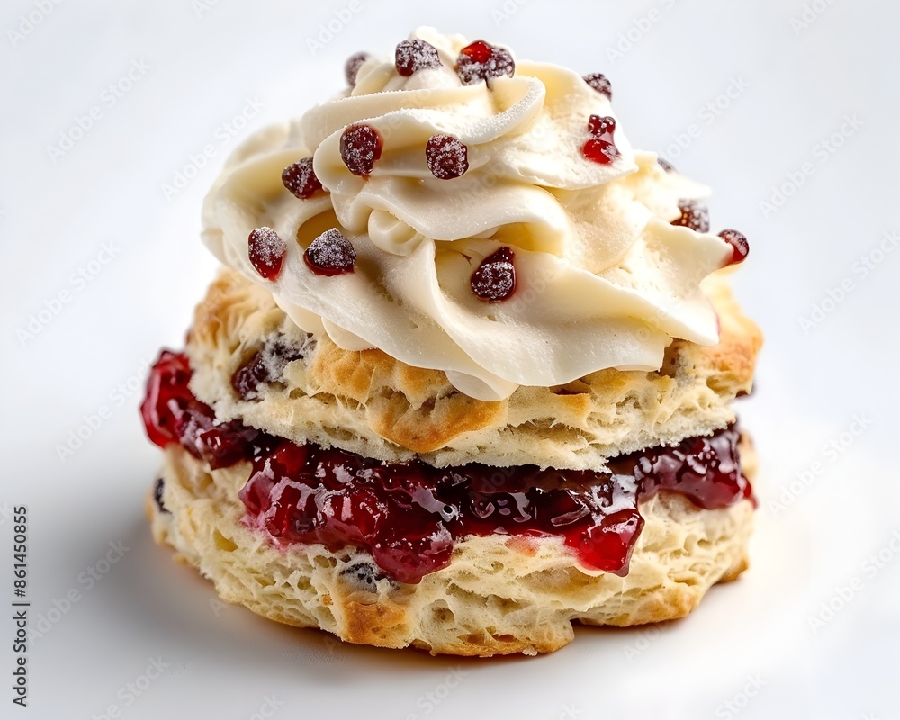 Buttery Scone with Clotted Cream and Jam on White Background Buttery Scone with Clotted Cream and Jam on White Background