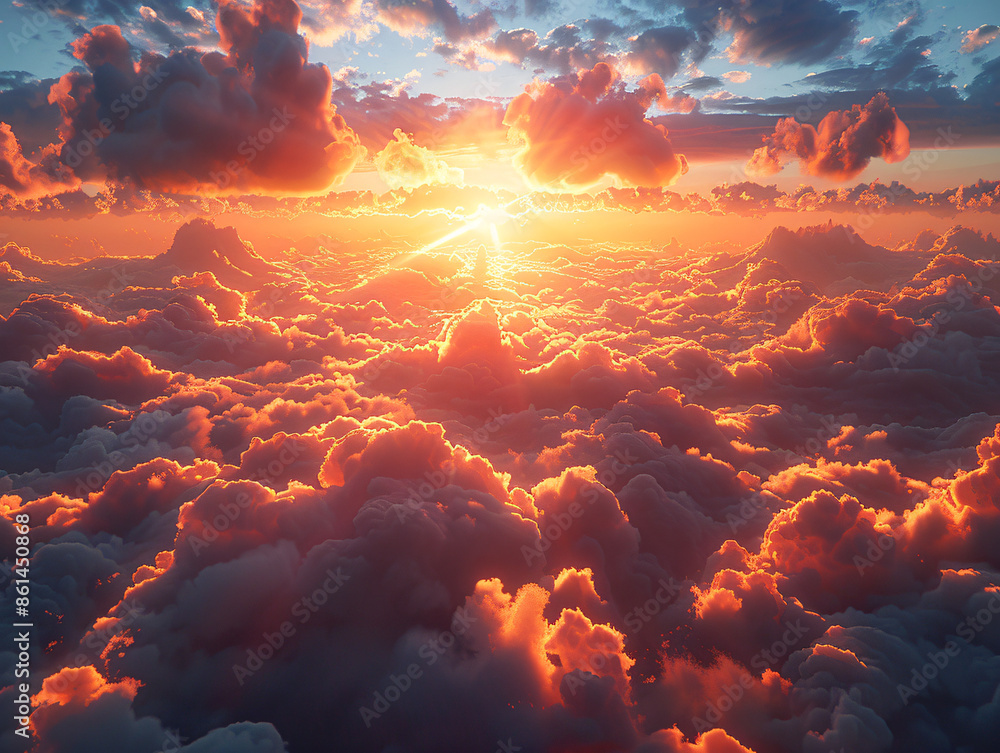 Φωτογραφία beautiful sunset with warm hues of orange and yellow, set against the backdrop of a vast expanse of fluffy white clouds