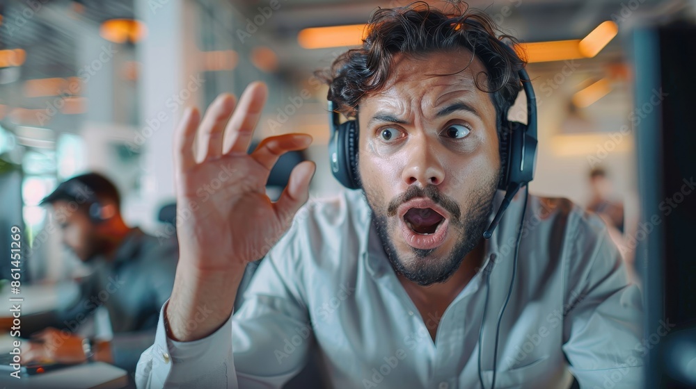 A surprised man wearing a headset reacts to an event while working at a desk in an office. His eyes are wide open and he uses hand gestures to express his emotions. A surprised man wearing a headset reacts to an event while working at a desk in an office. His eyes are wide open and he uses hand gestures to express his emotions.