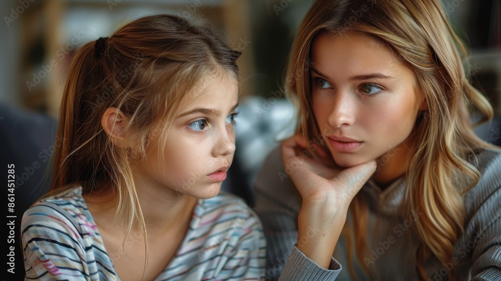 Two girls share a moment in a quiet setting, reflecting thoughtfully. Their expressions show seriousness and contemplation, highlighting their close bond and friendship. Two girls share a moment in a quiet setting, reflecting thoughtfully. Their expressions show seriousness and contemplation, highlighting their close bond and friendship.