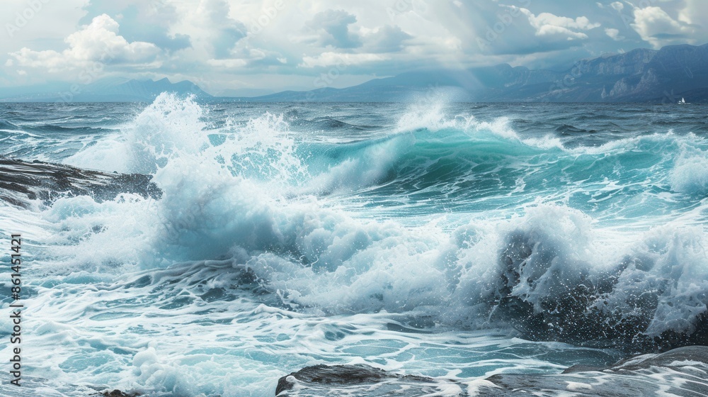 Fototapeta premium A dramatic image of powerful ocean waves crashing against picturesque rocks, creating a sense of adventure and excitement. Perfect for surf schools and adventure tourism companies. Generative AI