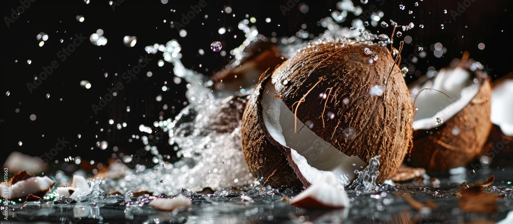 Cracked coconut creating a dynamic splash against a black backdrop in a copy space image. Cracked coconut creating a dynamic splash against a black backdrop in a copy space image.