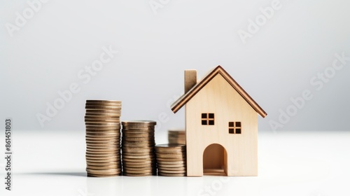 House model and coins on white background, saving money for buy a house concept