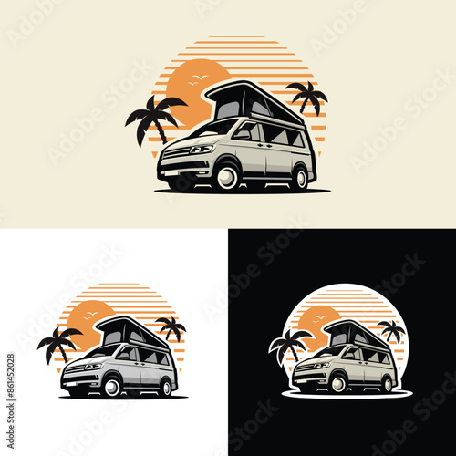 Campervan in beach with palm tree as vector graphic design. Best for textile print tshirt design