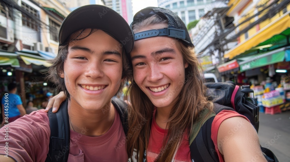 A happy young Caucasian couple casually smiles for a photo, looking at the camera against a city background, with rim light highlighting their hair. A happy young Caucasian couple casually smiles for a photo, looking at the camera against a city background, with rim light highlighting their hair.