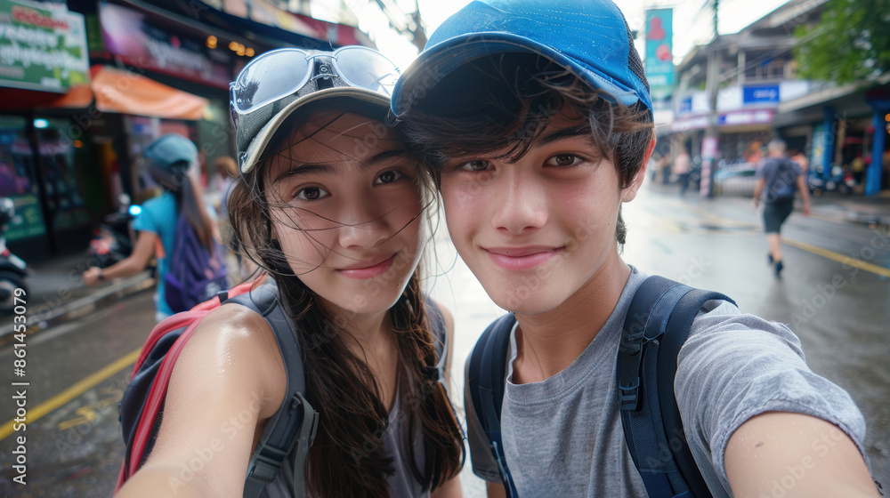 A happy young Caucasian couple casually smiles for a photo, looking at the camera against a city background, with rim light highlighting their hair. A happy young Caucasian couple casually smiles for a photo, looking at the camera against a city background, with rim light highlighting their hair.