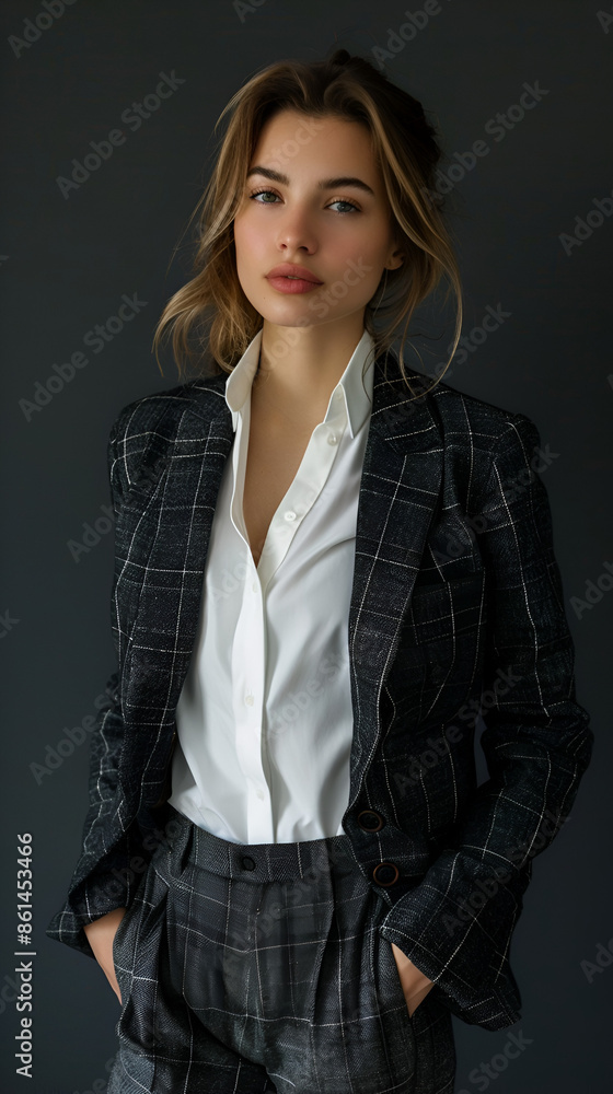 A woman dressed in professional attire, front view