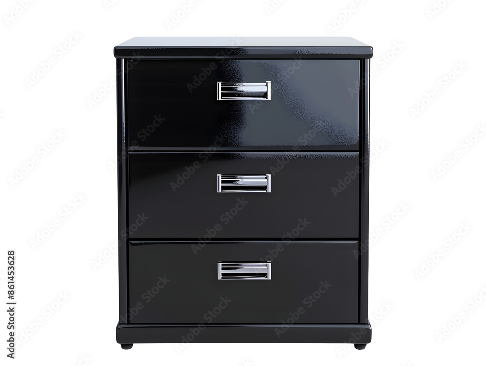 A black three-drawer file cabinet with silver handles. The cabinet is isolated on a white background. A black three-drawer file cabinet with silver handles. The cabinet is isolated on a white background.