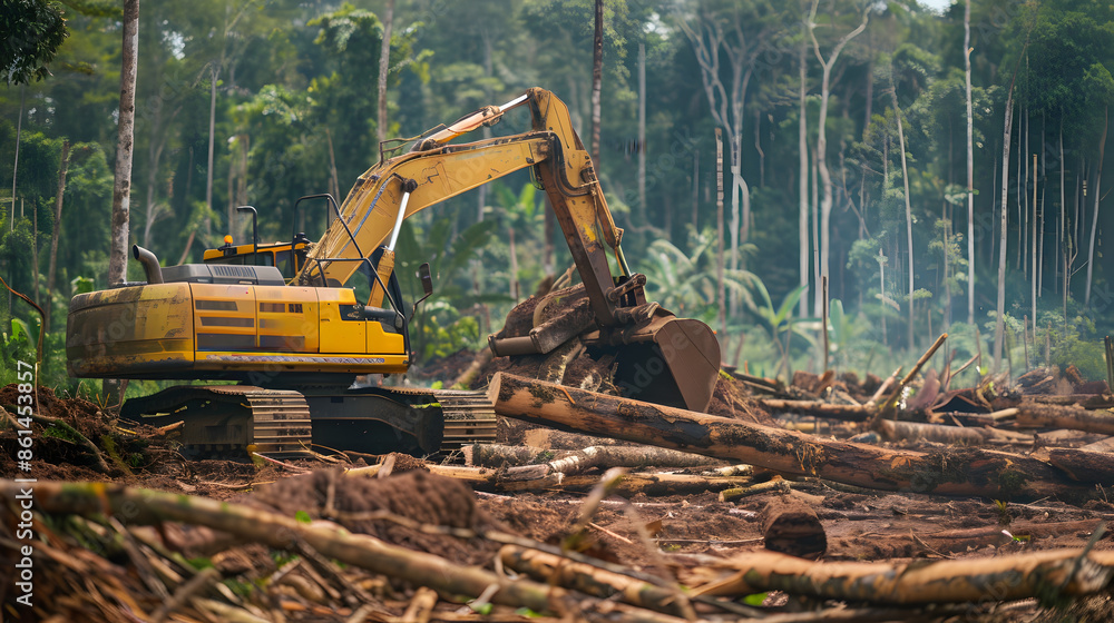 Fototapeta premium Deforestation scene with heavy machinery clearing trees in forest landscape
