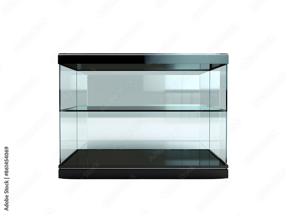 A modern glass display case with two shelves and a black base, isolated on a white background. A modern glass display case with two shelves and a black base, isolated on a white background.