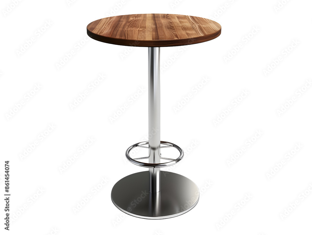 A modern, round, wooden-topped bar table with a stainless steel base. A modern, round, wooden-topped bar table with a stainless steel base.