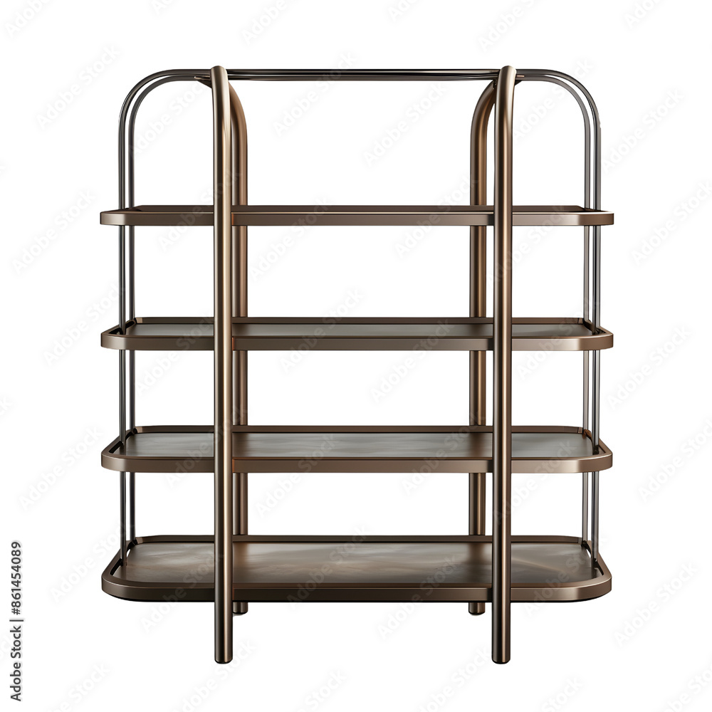 A modern, sleek shelving unit with four shelves and a polished metal finish. The shelves are perfect for displaying books, decorative items, or other household items. A modern, sleek shelving unit with four shelves and a polished metal finish. The shelves are perfect for displaying books, decorative items, or other household items.