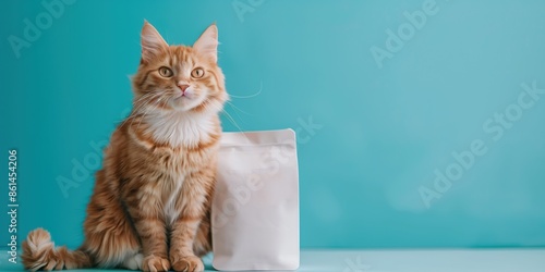 Wallpaper Mural Banner with cat food packaging mockup with ginger cat on blue background, showcasing branding concept Torontodigital.ca