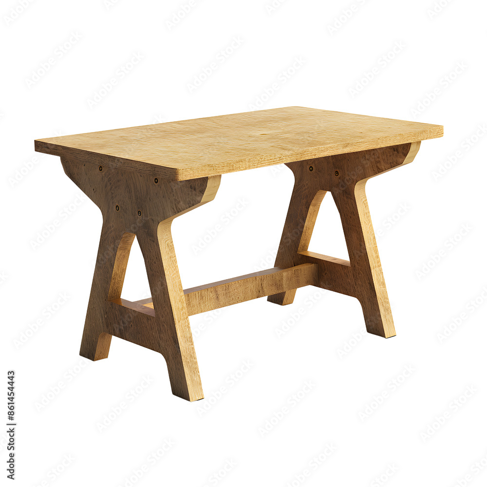 A simple wooden table with a rustic, farmhouse style. The table has a rectangular top and an A simple wooden table with a rustic, farmhouse style. The table has a rectangular top and an