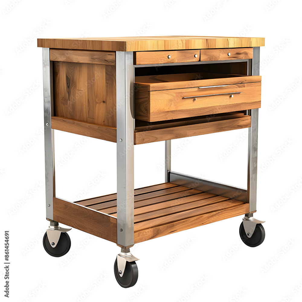 A wooden kitchen cart with a drawer, shelves, and wheels. The cart is made of wood and metal. A wooden kitchen cart with a drawer, shelves, and wheels. The cart is made of wood and metal.