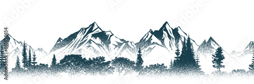 Vector sketch, mountains and forest, imitation of a pencil drawing	