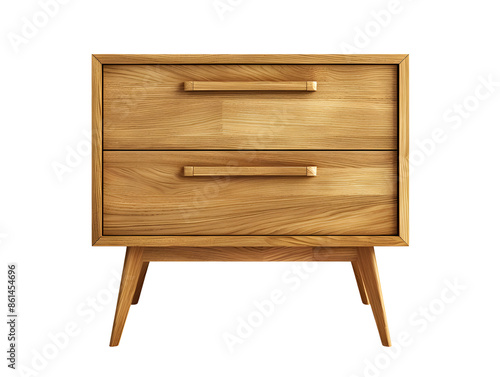A wooden nightstand with two drawers and tapered legs.