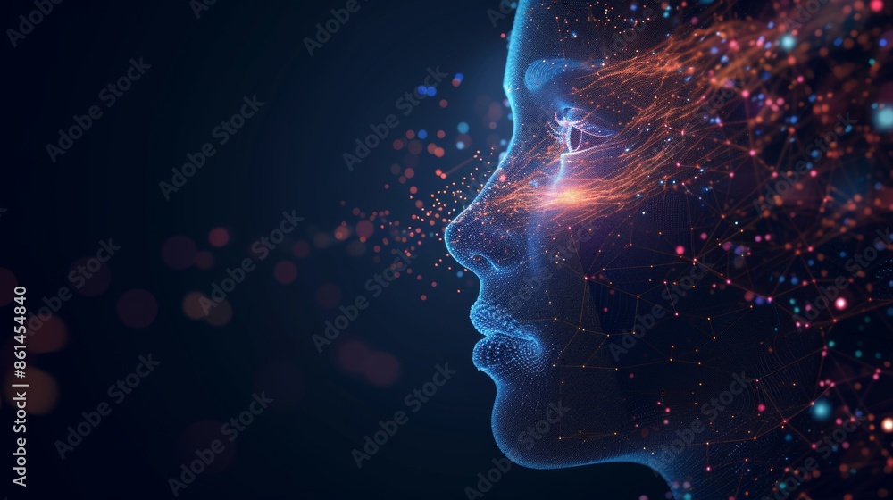 Glowing hologram of human face 3D model with dark background. Glowing hologram of human face 3D model with dark background.