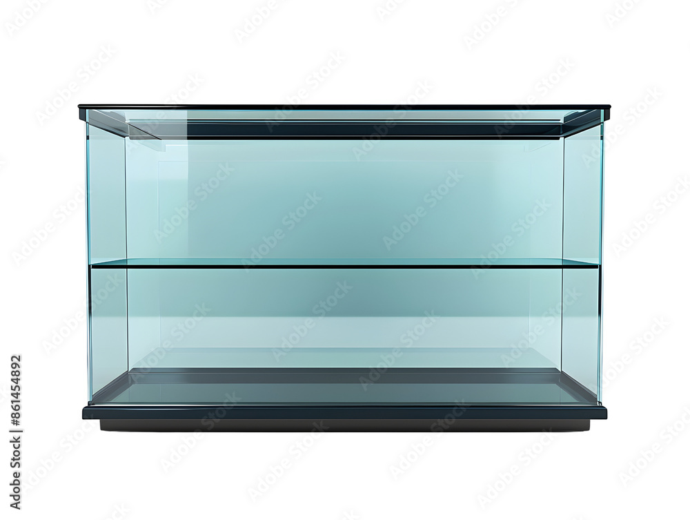 Empty glass display case with two shelves, isolated on white background. Empty glass display case with two shelves, isolated on white background.