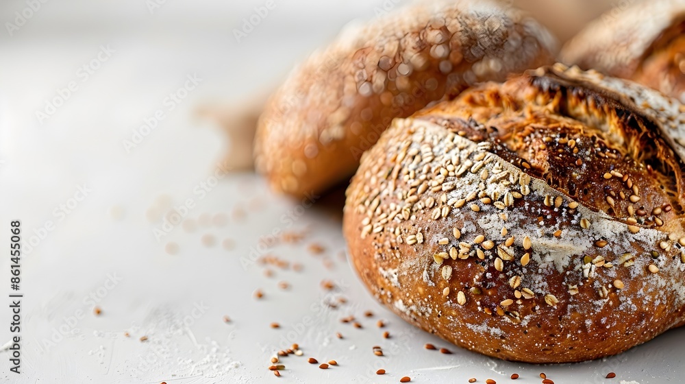 Closeup of Rustic Seeded Bread with Crusty Exterior on White Background Baked Goods Concept Closeup of Rustic Seeded Bread with Crusty Exterior on White Background Baked Goods Concept
