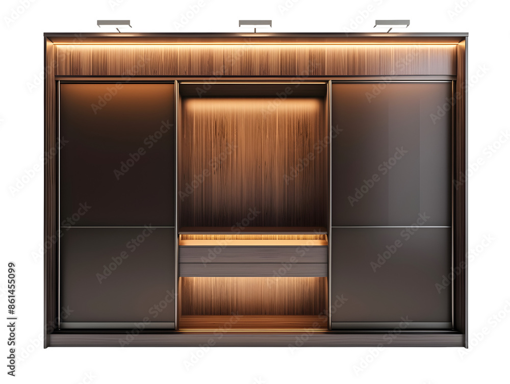 Modern wooden closet with sliding doors and integrated lighting. Modern wooden closet with sliding doors and integrated lighting.