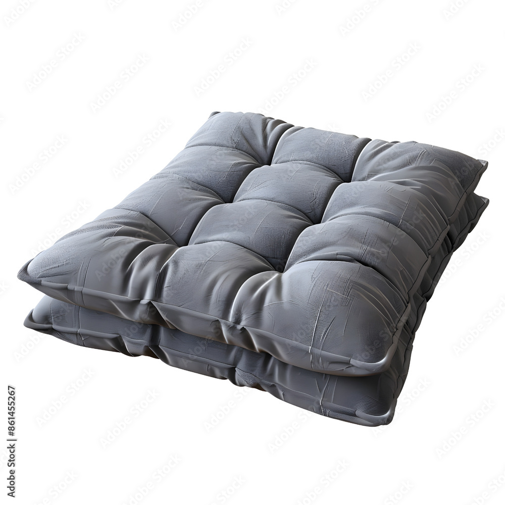 Two soft grey cushions, tufted and stacked, perfect for adding comfort to any chair or bench. Two soft grey cushions, tufted and stacked, perfect for adding comfort to any chair or bench.