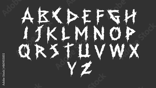 Sharp horror alphabet in white vector. Grunge gothic style with ripped, clawed letters. Perfect for metal band, scary poster, tattoo, or dark fantasy cover art.