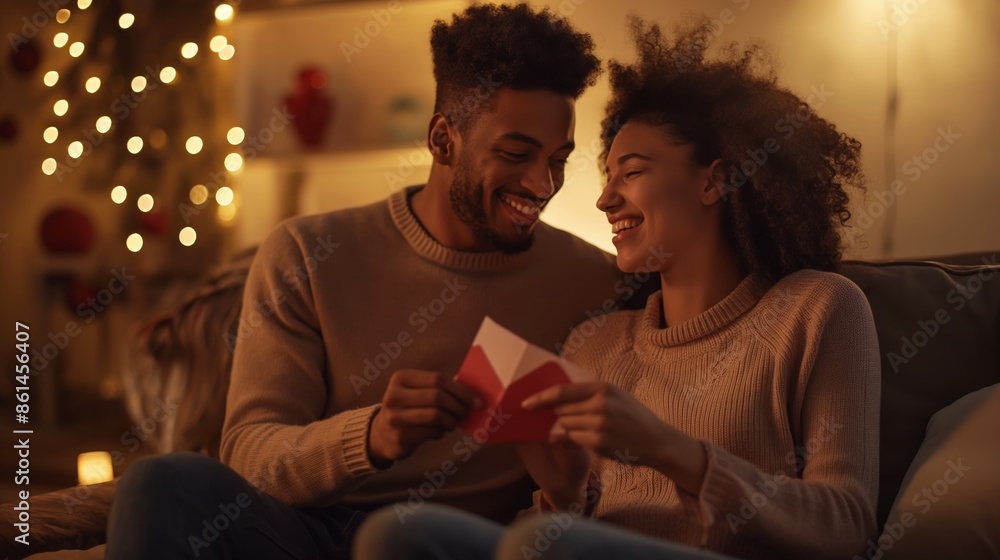 A couple sitting on a couch exchanging cards in a cozy holiday setting with twinkling lights and festive decorations in the background. A couple sitting on a couch exchanging cards in a cozy holiday setting with twinkling lights and festive decorations in the background.