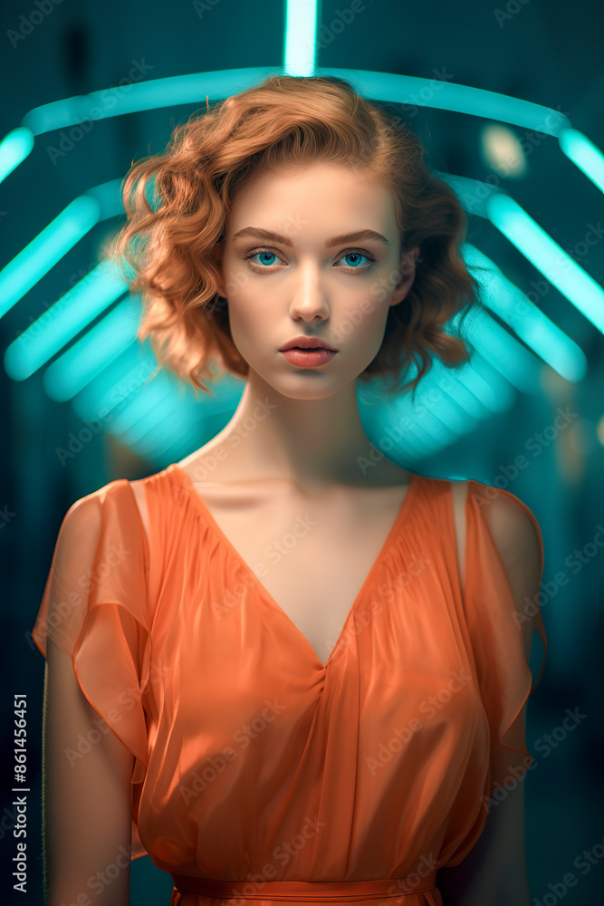 Portrait of a young woman with short curly red hair, wearing an orange dress, standing against a teal neon light background Portrait of a young woman with short curly red hair, wearing an orange dress, standing against a teal neon light background