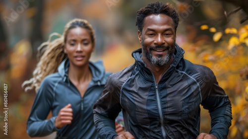 A man and a woman are running in the park. They are both smiling and look happy. The man is in the foreground and the woman is in the background. © easybanana