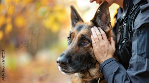 Portrait of a police dog on duty in a large city