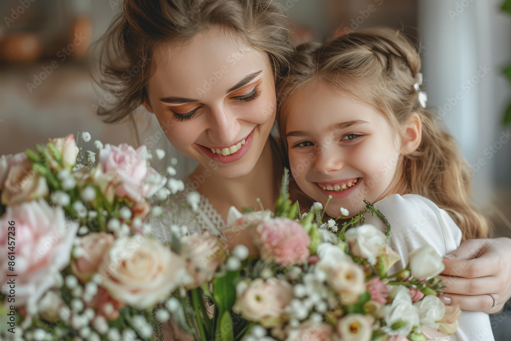 Mother is having a happy Mother's Day children surprising her and giving bouquets and gifts. Mother is having a happy Mother's Day children surprising her and giving bouquets and gifts.